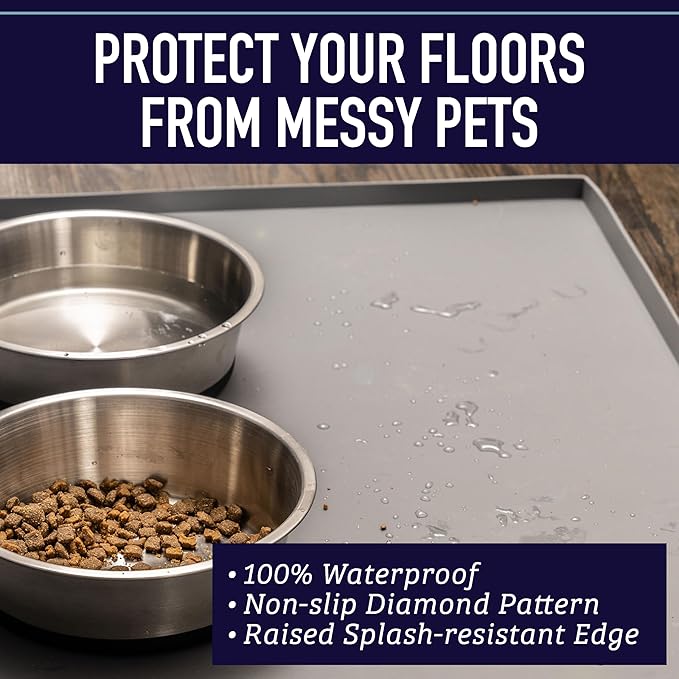 Leash Boss Dog Food Mat - 2-Pack, Waterproof Cat & Dog Bowl Mat for Food and Water, Silicone Pet Feeding Mats for Floors, Non-Slip Placemat with High Edges, Puppy Essentials (Small: 18"x11", Beige)