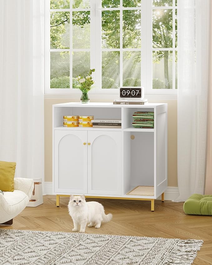 Hzuaneri Large Cat Litter Box Furniture, Hidden Litter Box Enclosure with Storage, Wooden Cats Cabinet with Sisal Mat, Modern Cat Washroom, End Table for Living Room Entryway, White and Gold CB87603G