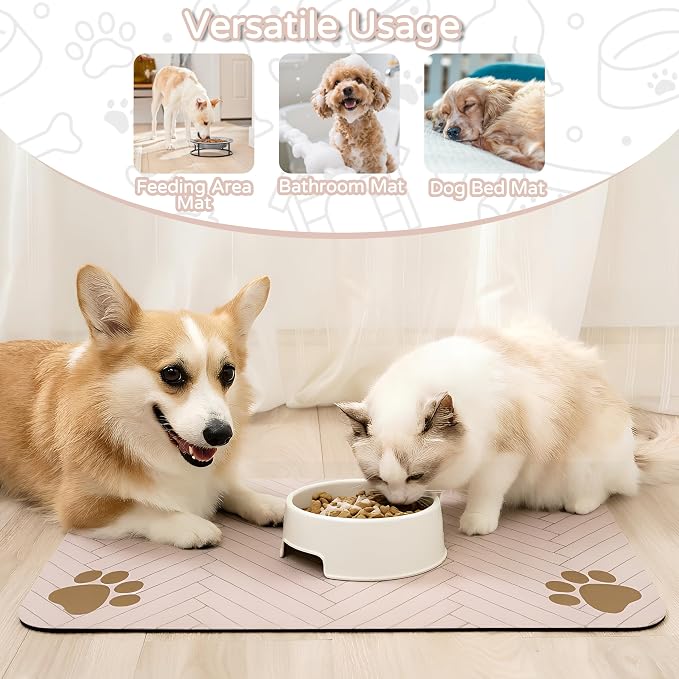 Pet Feeding Mat-Absorbent Dog Feeding Mat for Food and Water Bowl,No Stains Pet Placemat,Quick Drying Water Dispenser Mat for Dog and Cat,Easy to Clean Dog Accessories(L,Brown)
