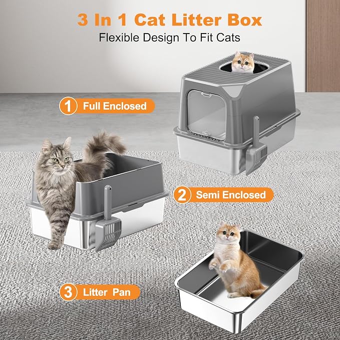 Extra Large Stainless Steel Cat Litter Box Enclosed with Lid - 23.6" x 15.7" x 16.5" Metal Cat Litter Box XXL for Cats, Front Top Entry High Side Kitty Litterbox，Scoop & Mat, Anti Leakage, No Sticky