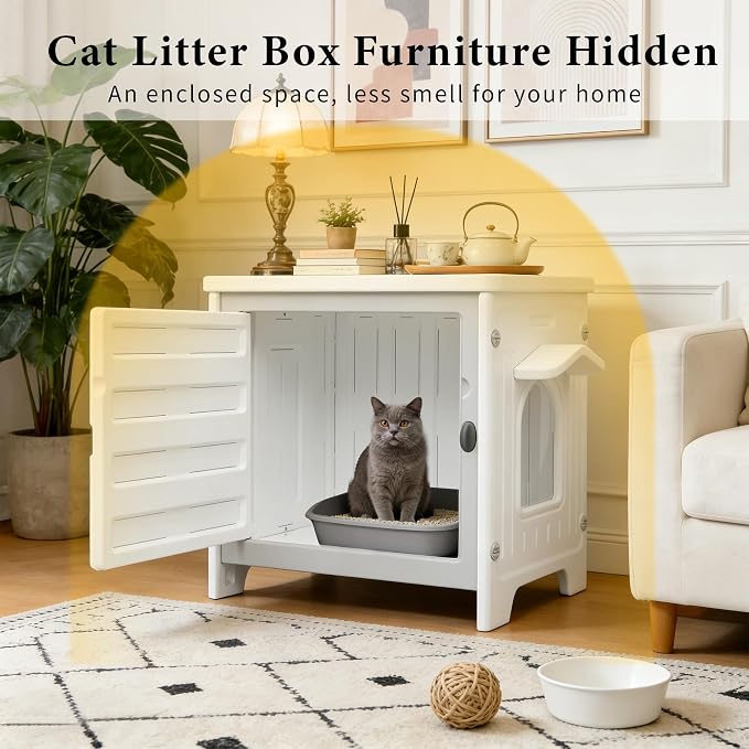 Cat Litter Box Enclosure Furniture Plastic Hidden Enclosed Litter Box Cabinet Cat House Kitty End Table for Living Room, Entryway, Balcony, Bedroom