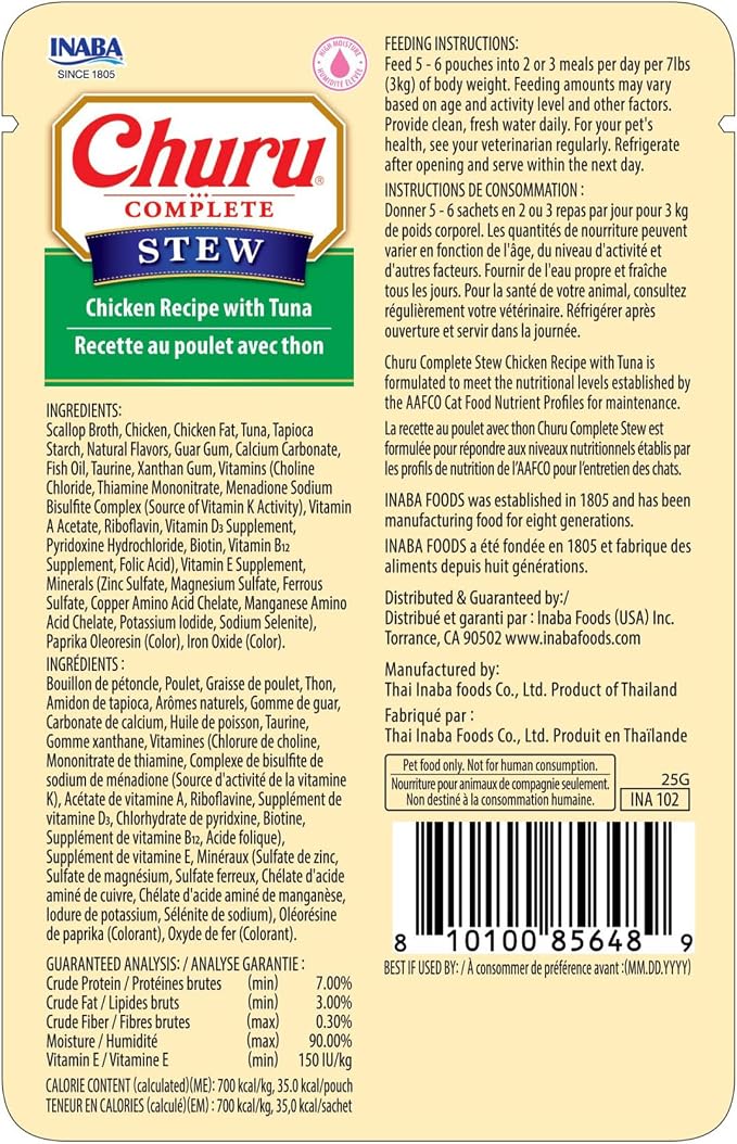 INABA Churu Complete Stew for Cats, Grain-Free, High Protein & Moisture, Wet Cat Food with Fish Oil, 1.76oz. Pouch, 12 Pouches, Chicken with Tuna Recipe