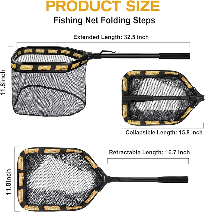 PLUSINNO Floating Fishing Net for Steelhead, Salmon, Fly, Kayak, Catfish, Bass, Trout Fishing, Rubber Coated Foldable Landing Net with Fixed or Telescoping Pole Handle, Fishing Gear and Gifts for Men