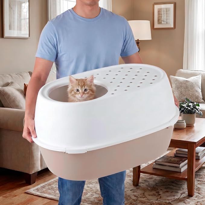 IRIS USA Extra Large Litter Box with Lid, Top Entry, Jumbo Enclosed Covered Litter Box for Large Cats, 19" L x 29" W x 15" H, Dog-Proof 4-Buckle Design, Reduced Tracking Lid, Beige/White