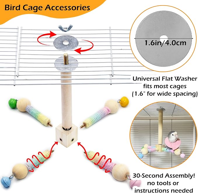 2PCS Natural Wood Bird Spinner Toys & Spinning Perch Set (Size S) - Chewing Hanging Toys with Bells for Cockatiel, Conure, Lovebird, Budgie, Quaker