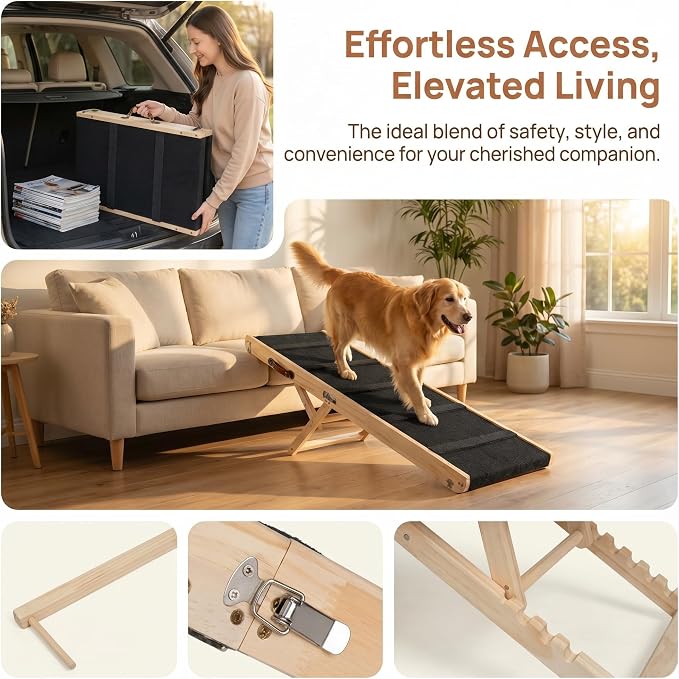Wooden Dog Ramp for Bed and Couch, 4 Adjustable Heights Folding Pet Ramp with High Traction Fabric Surface, Portable Solid Pine Wood Dog Steps for Couch, Max 45KG (Large)