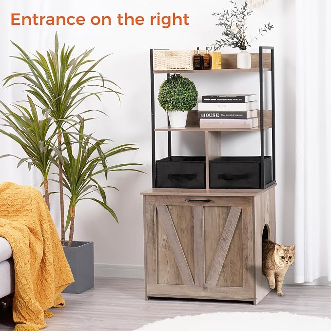 DWANTON Litter Box Enclosure with 2 Storage Shelves and 2 Drawers, 2-in-1 Hidden Cat Litter Box Enclosure Furniture with Shelf, Reversible Entrance, Washable Drawers, 50-Inch, Greige