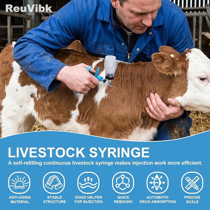 5ML Livestock Syringe Gun, Automatic Self Refill Injection Gun Continuous Adjustable Bottle Attachment Livestock Animal Syringe with 10 Needles, for Chicken, Duck, Pig, Sheep, Cow Poultry (Blue)