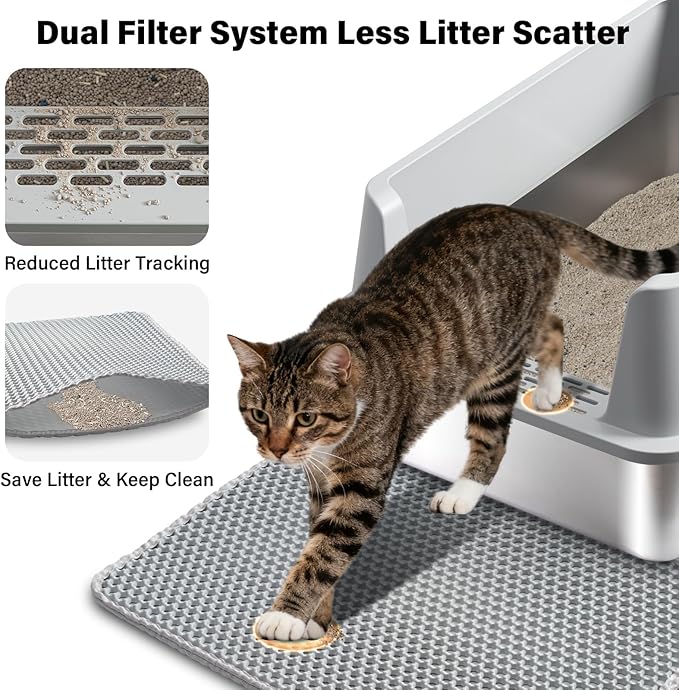 Stainless Steel Cat Litter Box with Lid, Large Metal Litter Box Stainless Steel with Mat & Scoop, Odor-Free/Anti-Leakage & Non-Stick/Easy Clean, High-Sided Litter Box for Multiple Big Cats(XL/Grey)
