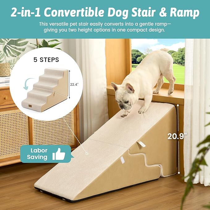 COZY KISS Dog Stairs for Small Dogs, 3-Step 2 in 1 Transformable Pet Stairs for Couch and Bed, 15.7" H Dog Steps for Old Cats, Puppy, Small Dogs (Beige, 17.7x33x22.4 in, 5.0)
