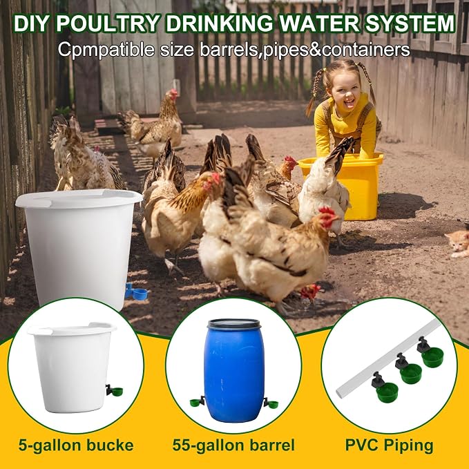 Tanlade 50 Pcs Automatic Chicken Waterer Cups Chicken Feeder for PVC Pipe Waterer Kit for Poultry Duck Goose Turkey Bunny (Green,Classic)