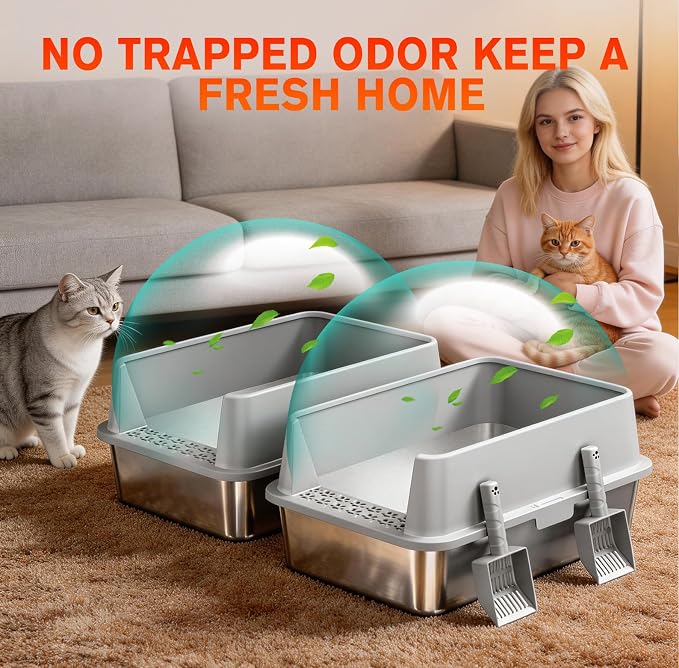 2PACK Stainless Steel Litter Box, Metal Litter Boxs with Lid High Sides, XL Extra Large Litter Box for Big Cats, Never Absorbs Odors, Leak-Proof, Stain-Free, Rust-Free, Easy to Clean, Scoop Included