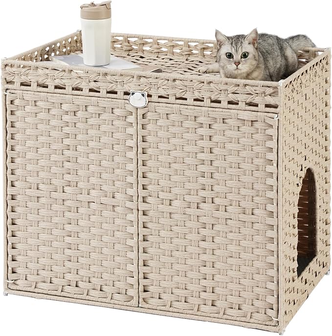 SETVSON Cat Litter Box Enclosure Furniture, Hidden Litter Box, Cat Litter Box Cabinet with 2 Litter Mats, Handwoven Rattan Large Space Cat House Indoor, Living Room, Bedroom, Apartment Light Khaki