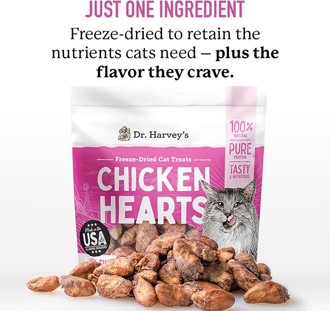 Dr. Harvey's Chicken Hearts Freeze Dried Training Cat Treats with Real Chicken Hearts for Cats, 7 Ounces
