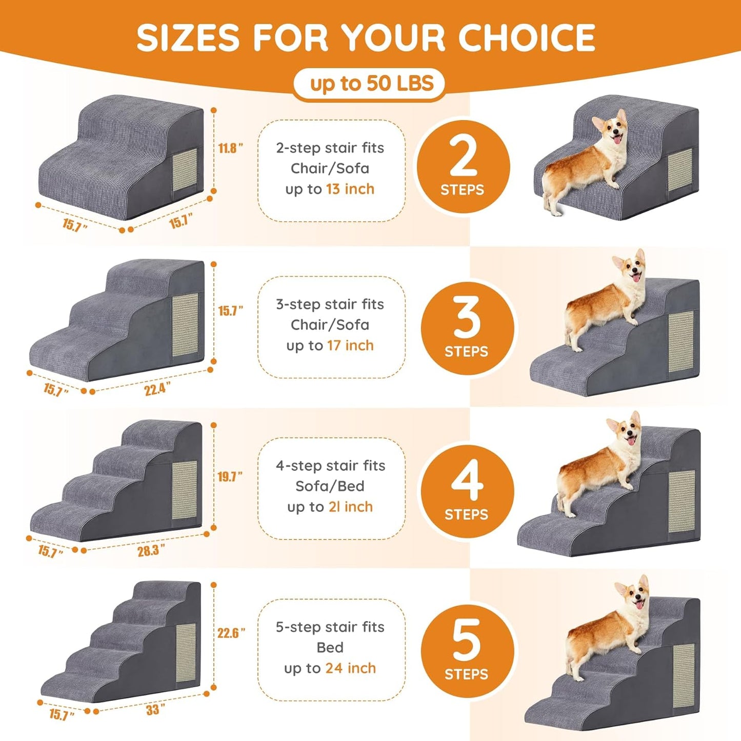 Pet Stairs, Dog Stairs for Small Dogs, Dogs Steps, 3-Step Curved Dog Ramp for Bed, Couch, Sofa, Car and Chairs, Non-Slip Bottom Design, Cat Scratching Board, High Density Foam Portable Pet Step, Grey
