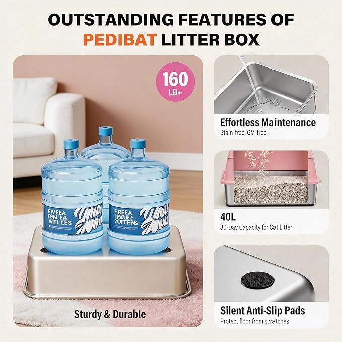 Stainless Steel Litter Box with Lid, Extra Large Enclosed Cat Litter Pan for Big Cats, High Sided Metal Litter Box with Enclosure, Front & Top Entry, Easy Clean, Anti-Leakage, Includes Scoop, Pink