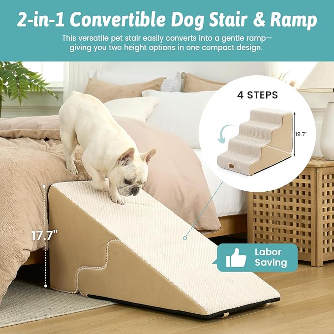 COZY KISS Dog Stairs for Small Dogs, 3-Step 2 in 1 Transformable Pet Stairs for Couch and Bed, 15.7" H Dog Steps for Old Cats, Puppy, Small Dogs (Beige, 17.7x28.3x19.7 in, 4.0)