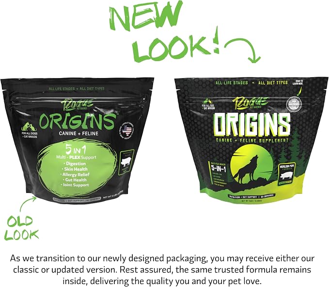 Rogue Pet Science Origins 5-in-1 Dog Supplement - Powdered Food Topper w/Natural Heirloom Pork Protein- Supports Healthy Digestion, Skin, and Coat - Helps Reduce Itching & Joint Inflammation (5 lbs)