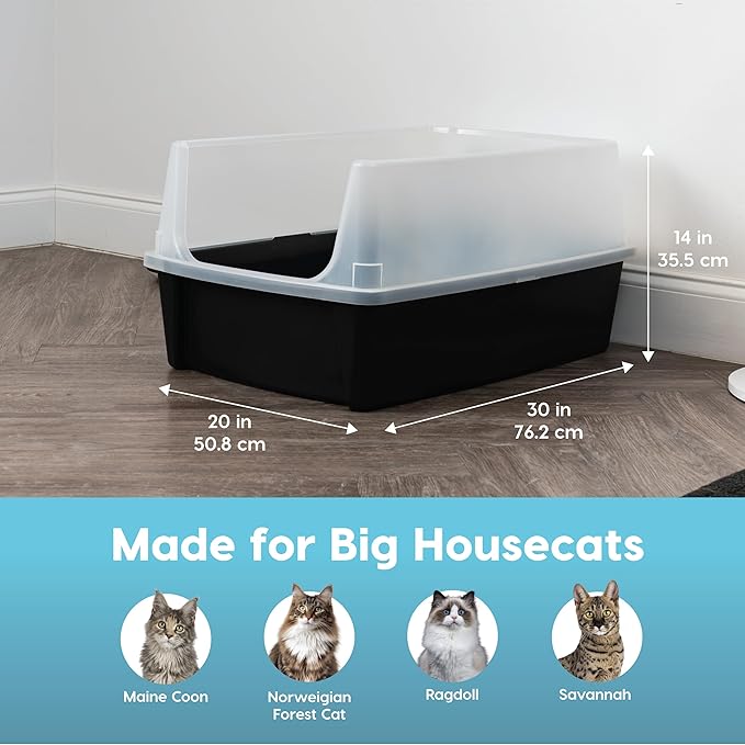 IRIS USA Extra Large Litter Box XXL Open Top High Sided Walls Scatter Shield Scoop Included Easy Clean Plastic Pan for Big Cats Multi-Cat Households 30" L x 20" W x 14" H Black