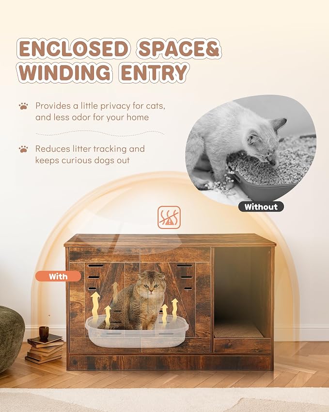 Cat Litter Box Enclosure, Hidden Cat Litter Box Furniture with Vent and Scratch Pad, Enclosed Odor Control, Easy Clean Panel, for Bedroom, Living Room, Rustic Brown