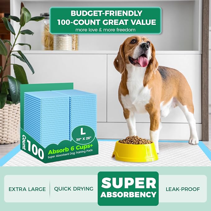 Large Puppy Pads 30" x 26" 100 Count Disposable Dog Pee Pads Leak-Proof, Large Pee Pads for Dogs 100 Pack, Super Absorbent & Quick-Dry Pet Potty Training Pads for Dogs, Puppies, Doggy