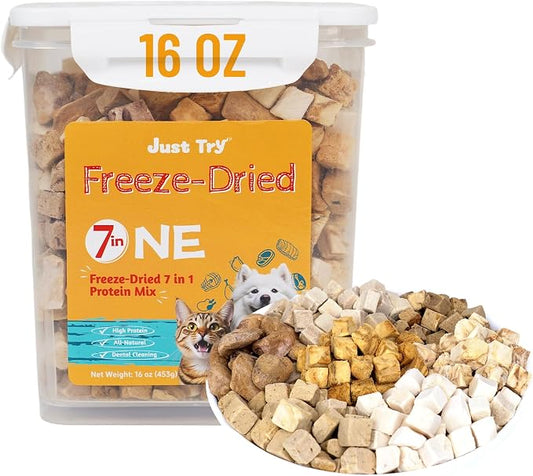 Just Try 16OZ Freeze-Dried Dog Treats Mixed Flavors for Dogs & Cats Raw Single Ingredient Chicken,Salmon, Beef Liver,Chicken Liver,Chicken Heart,Duck,Cod,High Protein Grain-Free Training Treats
