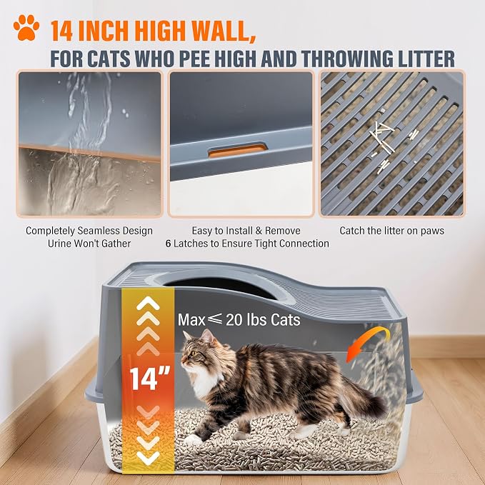 Top Entry Cat Litter Box with Lid, Stainless Steel Enclosed Cat Kitty Litterbox, Top Loading Large Metal High Side Litter Pan Tray Box Enclosure Easy Cleaning Anti-Leakage