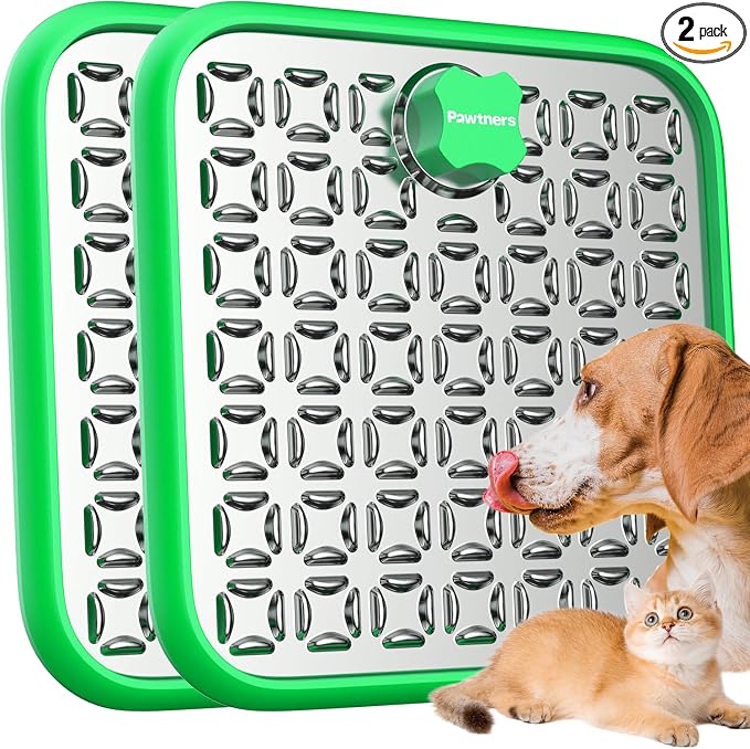 Lick Mat for Dogs: 2 Pack Stainless Steel Lick Mat for Cats, Crate Lick Mat for Dogs Large Breed, Dog Slow Feeder Mat for Bathing Grooming, Slow Feeding, Boredom & Anxiety Reducer, Green
