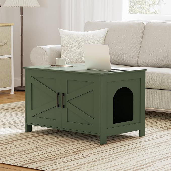 Homhedy Cat Litter Box Enclosure,Litter Box Furniture Hidden with Barn Door,Wooden Cat Washroom Furniture, Fit Most of Litter Box, Green