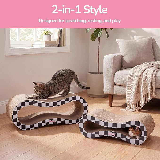 Suvi 26" Modern Cardboard Infinity 2-in-1 Lounge Bed Cat Scratcher with Catnip, Black/White Checker, Corrugated Scratching Surface and Tunnel CSR1014K