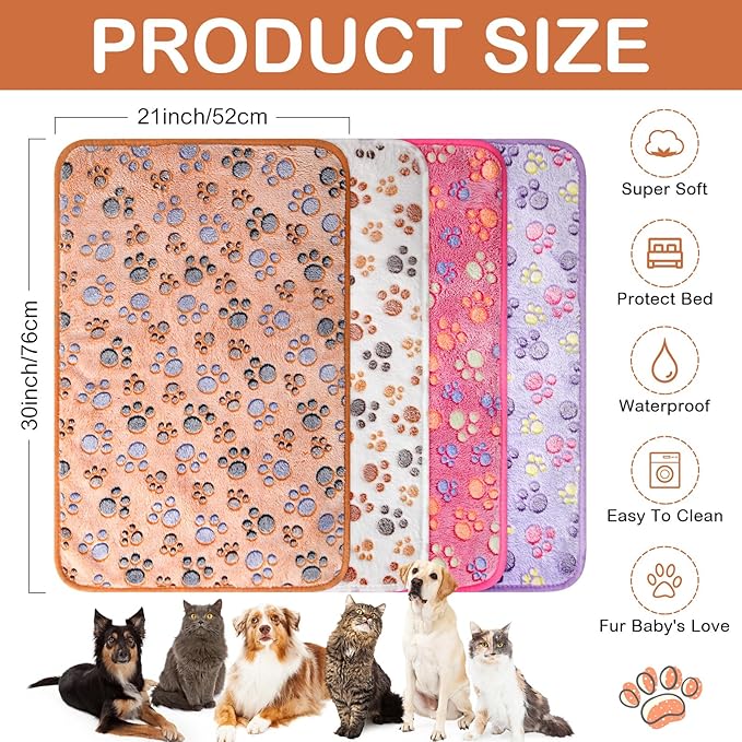 Panelee 4 Pcs Washable Dog Blankets Waterproof Cute Paw Print Fleece Blanket Reusable Puppy Blankets for Small Medium Pet Cat Whelping Warm Soft Mat Guinea Pig Cage Liners(30 x 21 Inch)