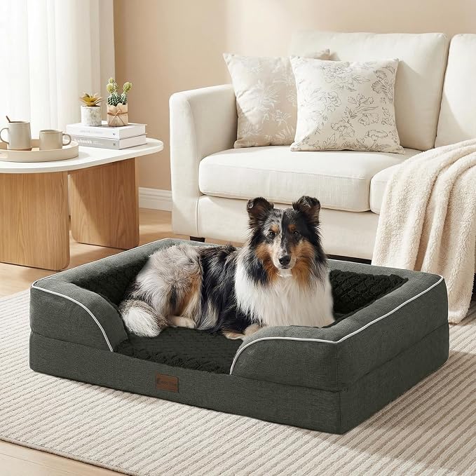 Orthopedic Dog Beds for Extra Large Sized Dogs 53x42 Inch, XXL Waterproof Egg Crate Foam Dog Sofa Bed with Removable Washable Cover Big Pet Couch with Bolster & Non-Slip Bottom, Dark Green