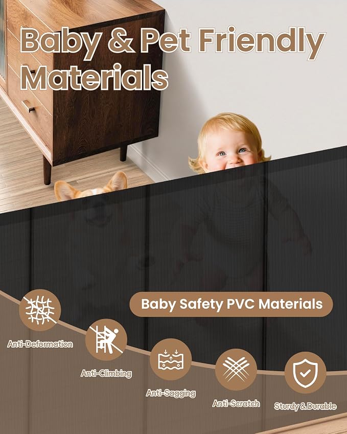 120" Extra Wide Retractable Baby Gate, 34" Tall Multi-Rod Reinforced Mesh Pet Gate for Patios, Deck Access and Indoor-Outdoor Openings, Extra Long Retractable Dog Gate, Black