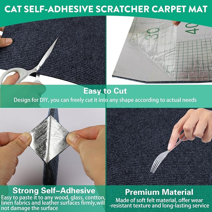 Trimmable Cat Scratcher Mat, Self-Adhesive Cat Scratching Carpet Pad Replacement for Cat Tree Shelves, Cat Steps and Posts, DIY Cat Scratch Couch Furniture Protector (Dark Blue, 39.4"x15.8")