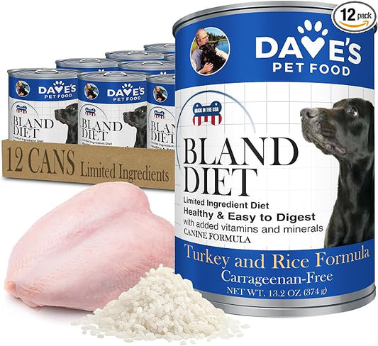 Dave's Pet Food Bland Diet Dog Food (Turkey & Rice), Sensitive Stomach, Easy to Digest Pate, Gluten-Free, Digestive Care, Low Fat (5%) Limited Ingredients, Complete & Balanced, 13.2 oz (Case of 12)
