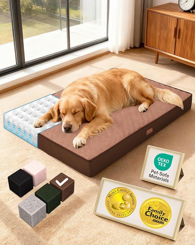 OhGeni Orthopedic Waterproof Dog Bed for Large Dogs, Machine-Washable Removable Cover in Easy-Clean Fabric, Reversible Memory Foam & Easy-Carry Handle, Suitable for Crate, 41 inch (Brown)