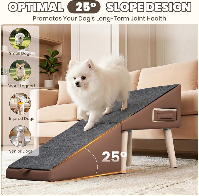 Dog Ramp for Couch and Bed, 17" H Stairs for Small to Medium Dogs and Cats Foldable Steps for Pets to Get on High Bed, Non-Slip Sturdy Ottoman Ramp with Storage Drawer, Brown