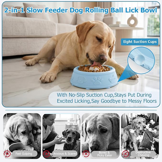 Dog Slow Feeder Lick Bowl with Rolling Ball for Liquid Treats, 2-in-1 Anti-Slip Silicone Dog Licking Bowl for Bone Broth with Suction Cup, Enrichment Lick Sphere Toy for Large Medium Dogs Cats (Blue)