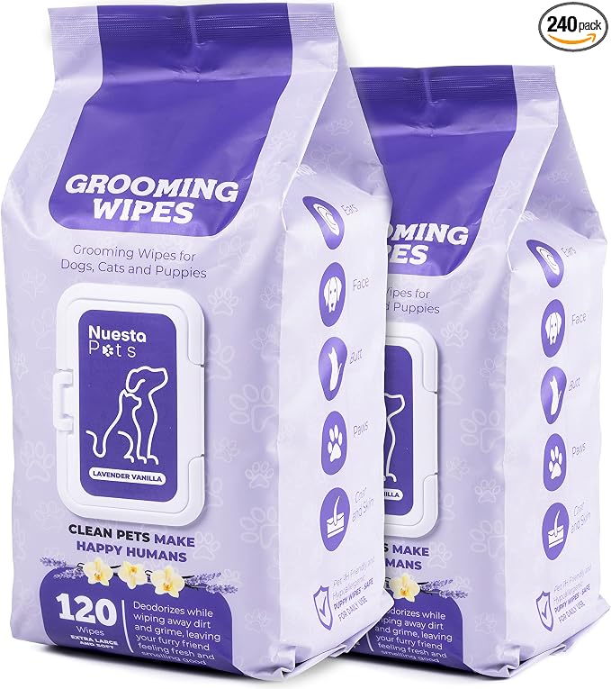 Pets Lavender Vanilla Pet Wipes - Deodorizing No Bath Cleaning for Dogs & Puppy Grooming | Ear, Face, Butt, Paw Wet Wipe | Enriched w/Aloe, Chamomile, Oat Amino Acids for Healthier Coat & Skin