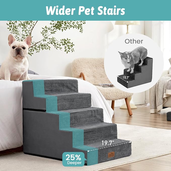 COZY KISS Dog Stairs for Small Dogs, 5 Tier Removable Wider Pet Stairs for Couch and Bed, 23.6" H Non-Slip Dog Steps for Puppies and Old Cats with Support Board, 19.7x29.5x23.6 inch, Dark Grey