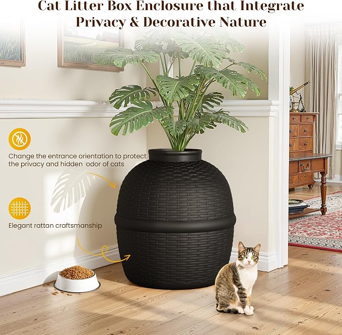 FansaFurn Hidden Litter Box with Faux Plant, Large Cat Litter Box with Rattan Pattern, Heavy Duty PP Material Litter Box Enclosure Furniture for Home Decor, Black