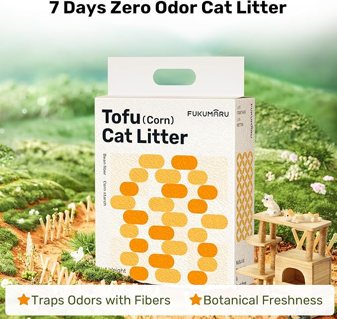 FUKUMARU Tofu Cat Litter - Natural Lightweight Bean Dregs & Corn Starch Cat Litter Pellets, Dust Free Quick Clumping, Effective Odor Control, Flushable, Low Tracking, 32lb (8lb x 4 Bags)