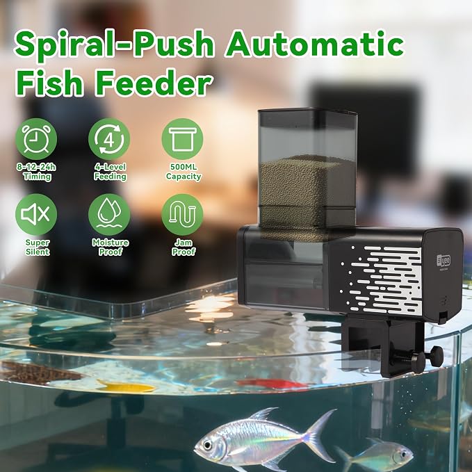 Fish Feeder Automatic Dispenser for Indoor Aquarium, Screw Push Design, 17oz Large Capacity