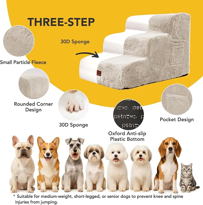PETNOVO Ultra-Soft Faux Fur Dog Stairs for Bed and Couch, 3-Step Dog Steps for Small Dogs, Non-Slip Foam Pet Stairs, Washable Cover, 15.7" D x 22.4" W x 15.7" H, Off-White