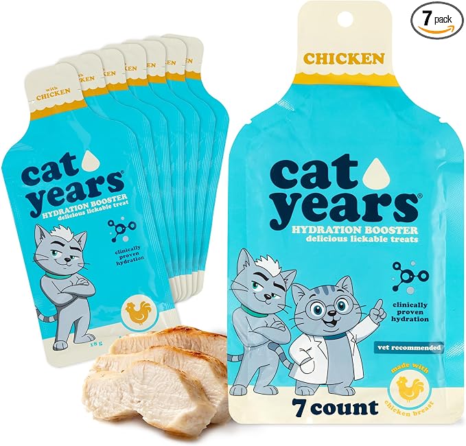 Cat Years Daily Lickable Cat Treat, Squeezable Hydration Booster, Supplement for Cats, 7-Pack, Chicken Flavor