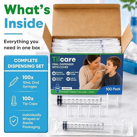 10ml Oral Dispenser Syringe with Cover 100 Pack by Tilcare - Sterile Plastic Medicine Droppers for Children, Pets & Adults – Latex-Free Medication Syringe - Syringes for Glue and Epoxy