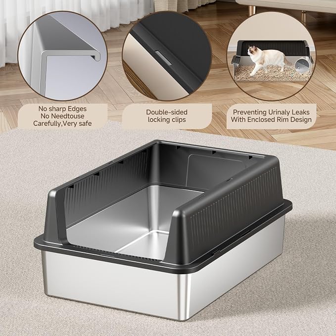 XXXL Stainless Steel Cat Litter Box with Lid (Black-A)
