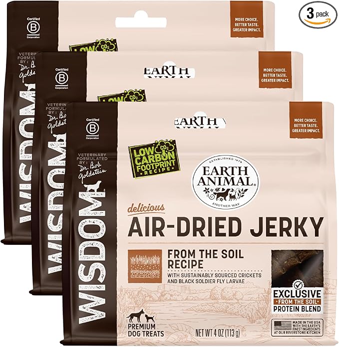 Earth Animal Wisdom Air Dried Jerky - from the Soil Recipe Premium Natural Insect Based Jerky Strips Dog Treats - 3 Pack 4 oz Bag