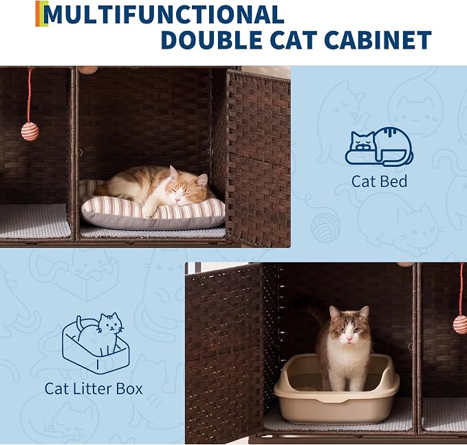 Rattan Litter Box Enclosure Double Cat Hidden Litterbox Furniture with Removable Litter Mat,Ball & 2 Hooks, Natural Cat House End Table, Easy Assembly, 47.2" l x 19.7" w x 23.6" h Brown