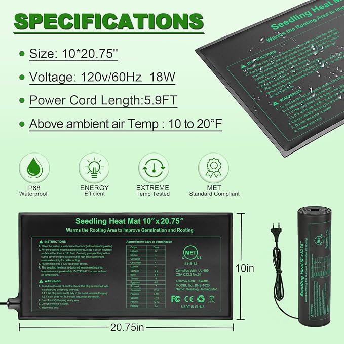 Bestio Seedling Heat Mat 10 x 20.75 in Waterproof Heat Mats for Seed Starting Seed Heating Mat for Seedling Germination,Hydroponic Plant